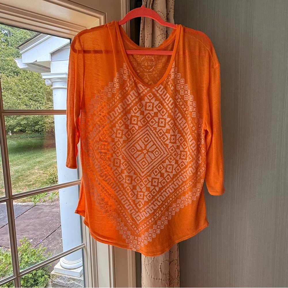 Lucky Brand Orange Sheer 3/4 Sleeve Soft Tee with Geometric Design